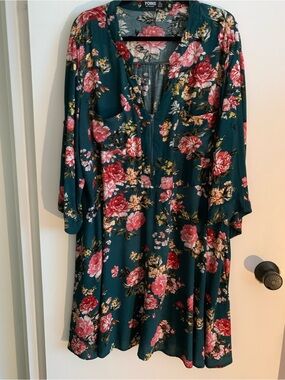 YOINS , Women'sTeal Floral V-Neck Fit & Flare Dress